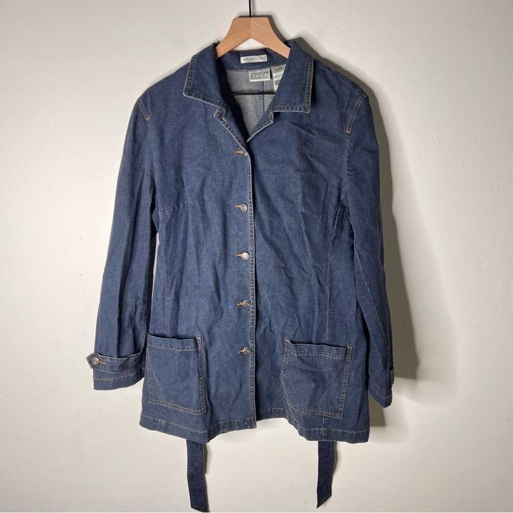 Villager Sport Dark Blue Jean Jacket with Belt Chore Pockets XL Vintage Denim - Picture 3 of 9
